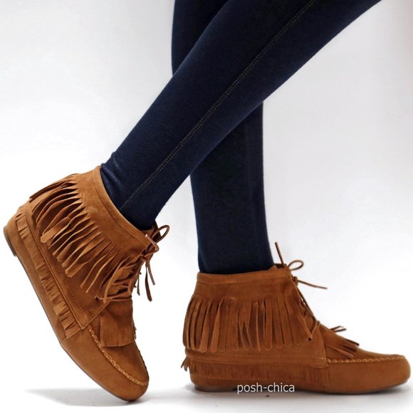 New Tan Fringe Wedge Heel Ankle Boots Booties - Picture 1 of 4